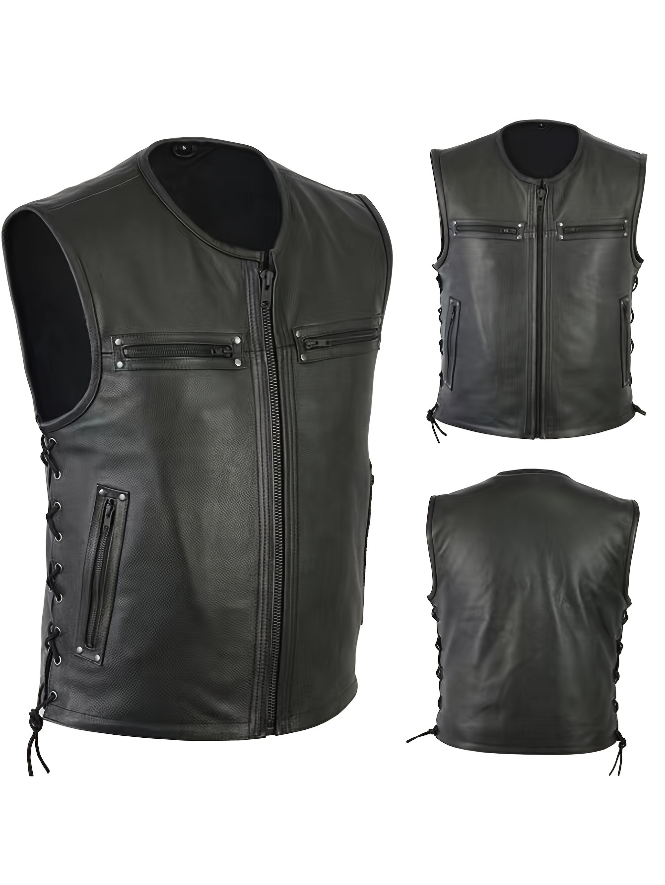 Leather Work Vest For Men - Men Solid Color Vest Motorcycle Fleet