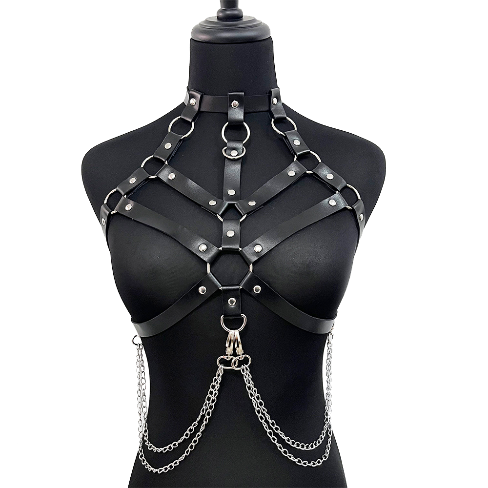 Leather Work Harness - Chain with Leather Lingerie Woman Bondage