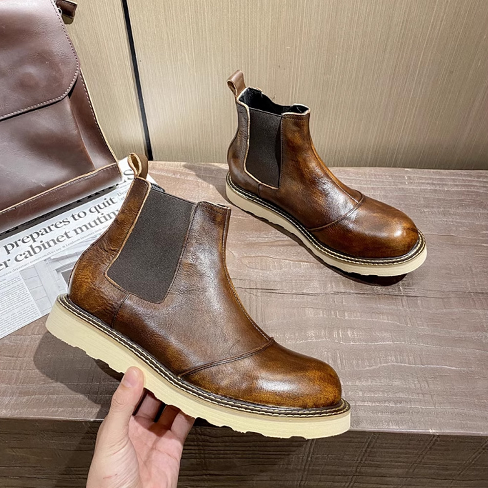 Leather Work Western - Retro Men's Genuine Leather Chelsea Boots