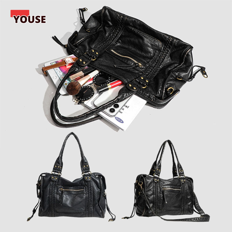 Leather Work Bag Women - ​​Braided Trim Black Leather Tote Bag
