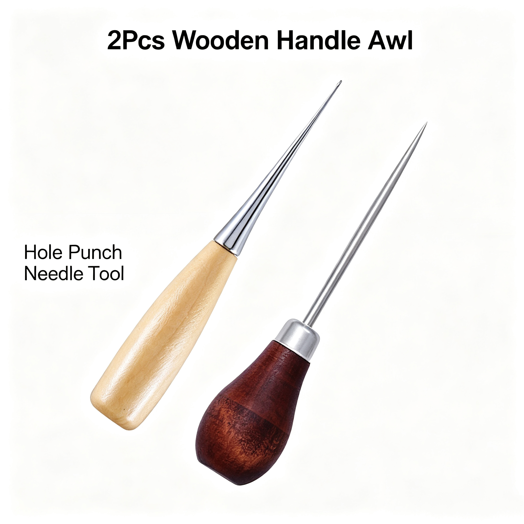 Leatherwork Hand Sewing Needles - 2Pcs Wooden Handle Sewing Awl Hole
